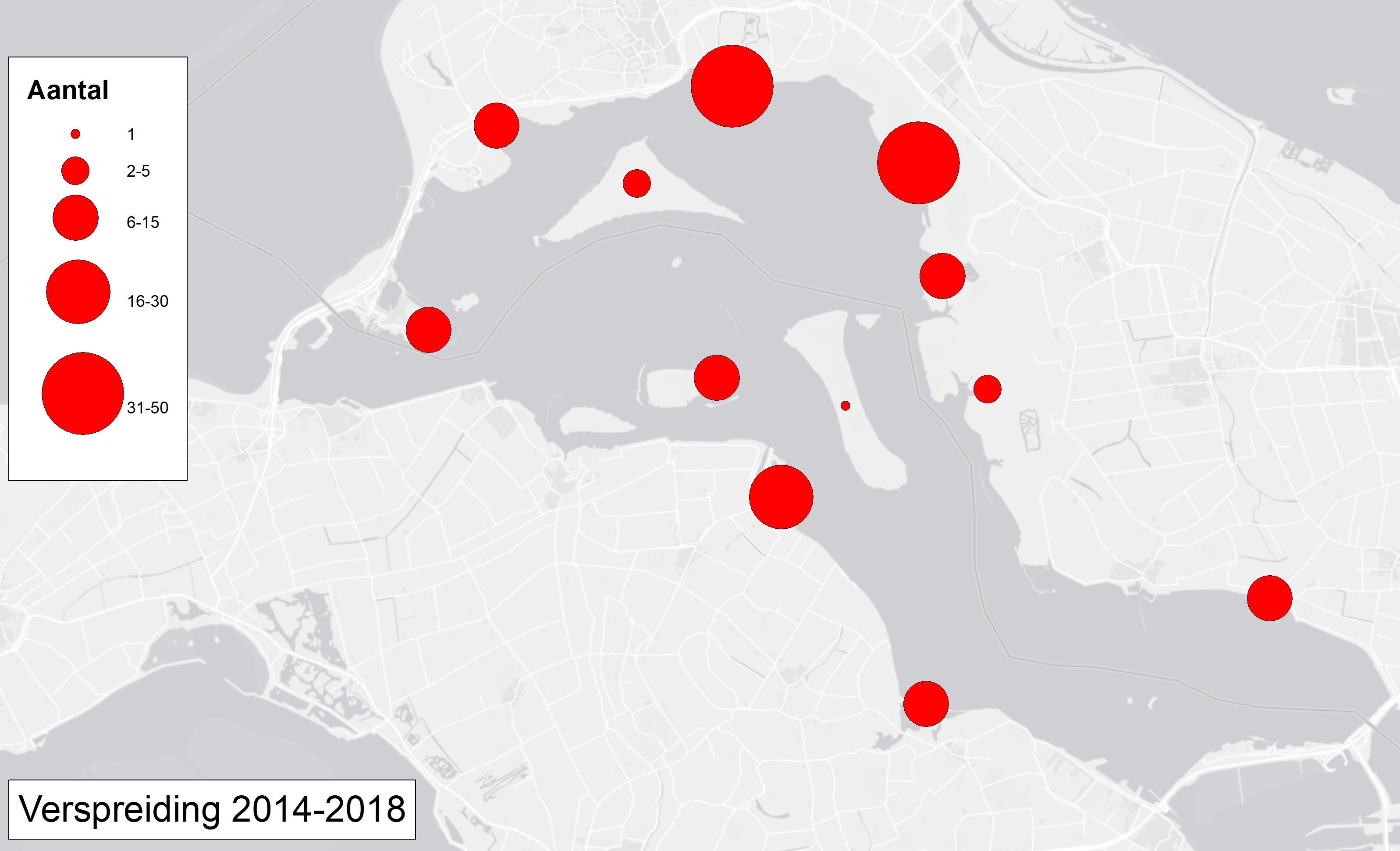 Ruimtelijke verspreiding van dwergsterns in het Grevelingenmeer (2014-2018).