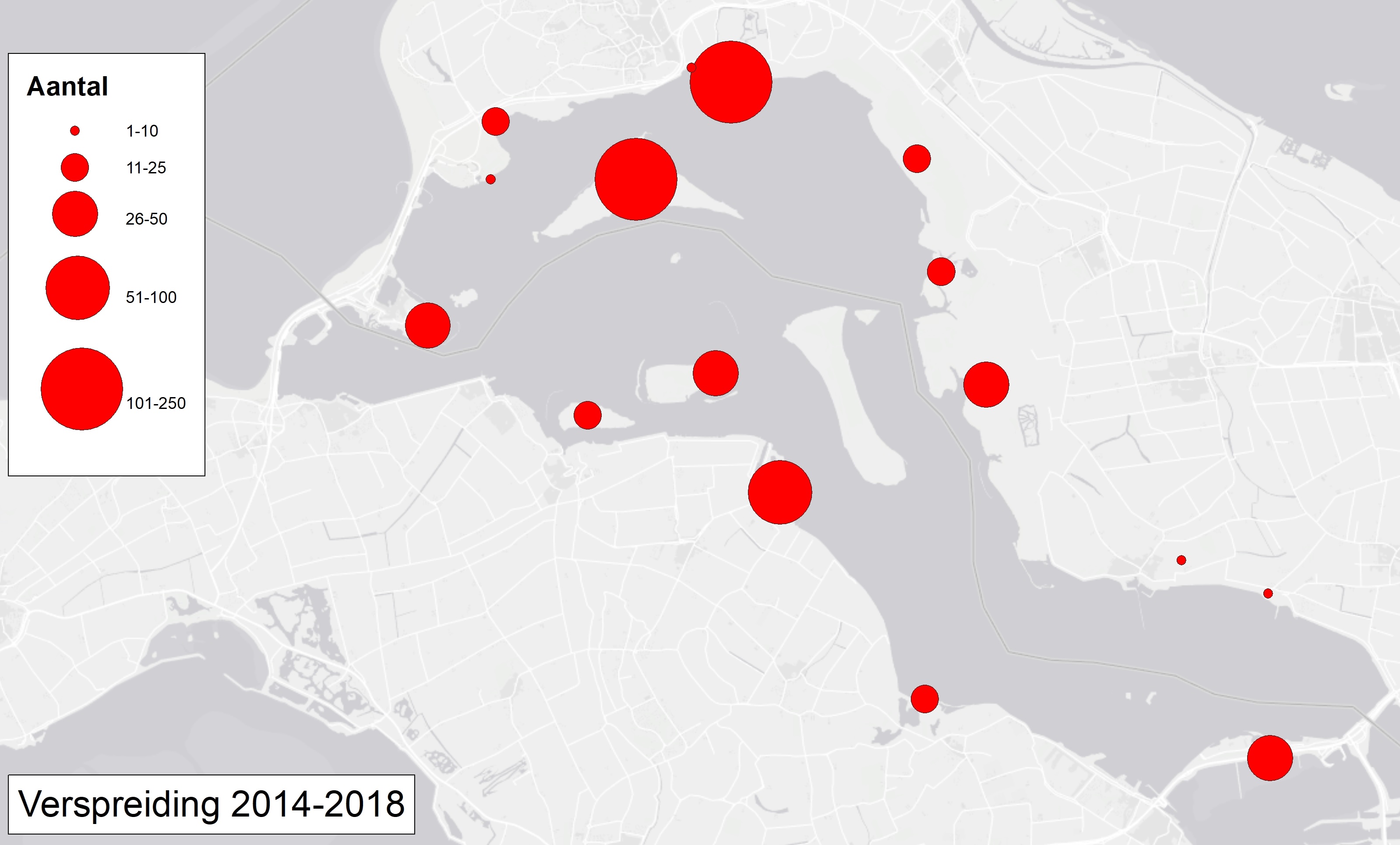 Ruimtelijke verspreiding van visdieven in het Grevelingenmeer (2014-2018).