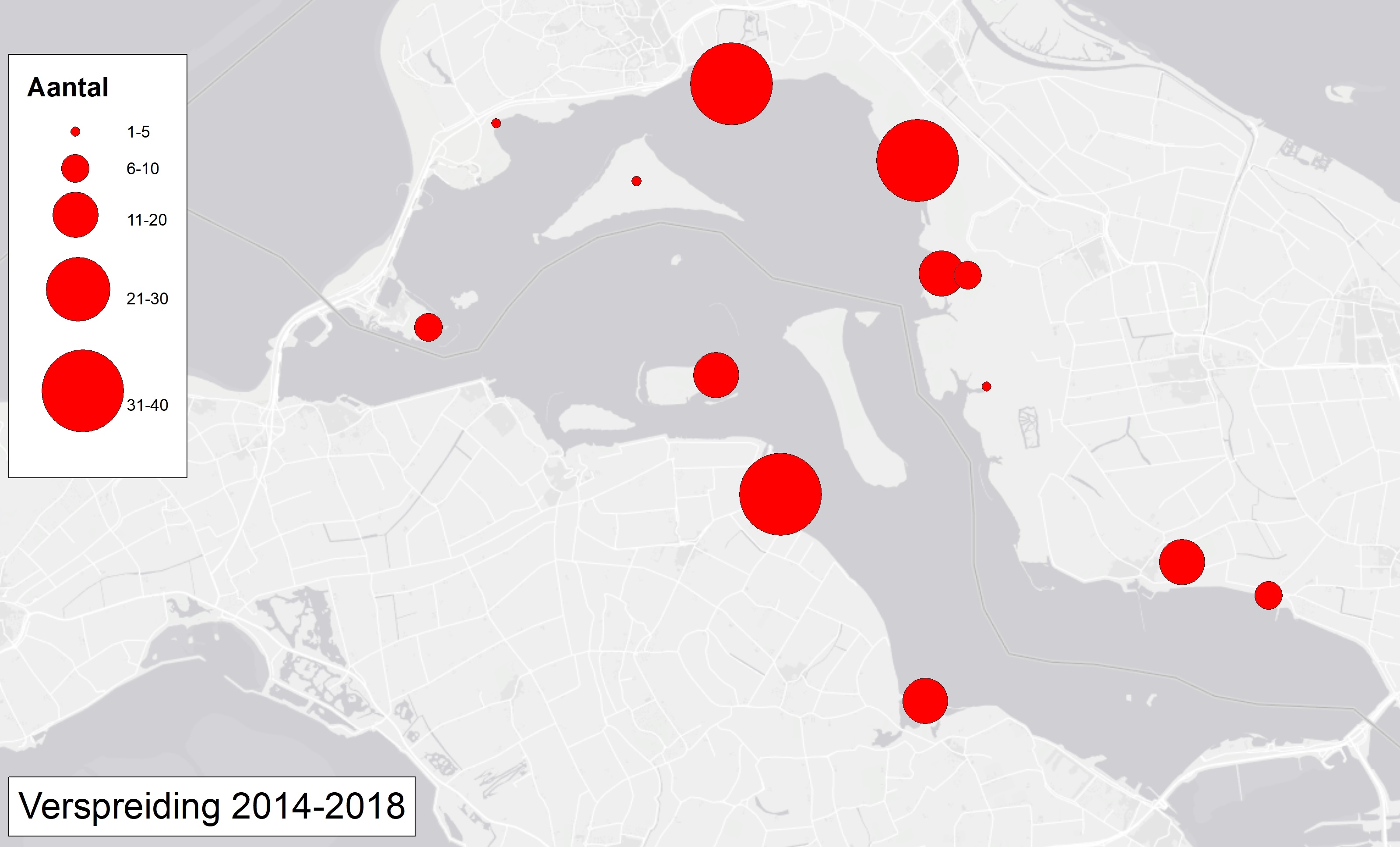 Ruimtelijke verspreiding van kluten in het Grevelingenmeer (2014-2018).