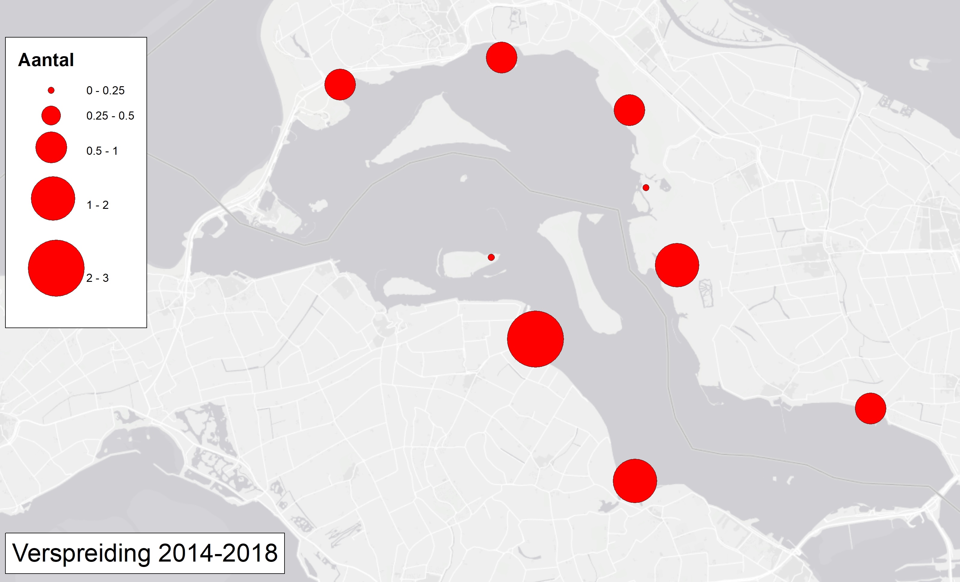 Ruimtelijke verspreiding van bontbekplevieren in het Grevelingenmeer (2014-2018).