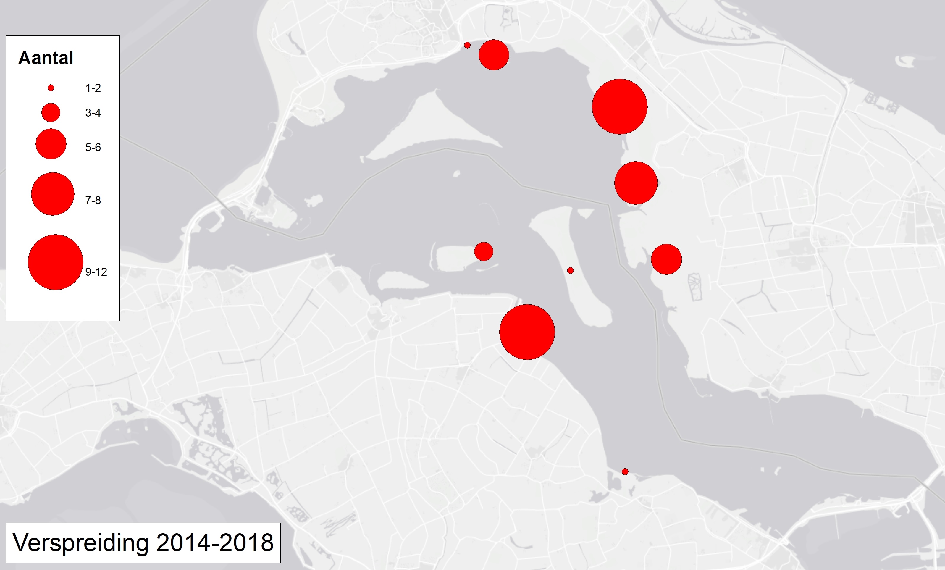 Ruimtelijke verspreiding van strandplevieren in het Grevelingenmeer (2014-2018).
