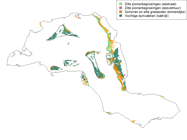 Habitatkaart van een aantal habitattypen in het Grevelingenmeer. Deze komt voort uit verkenningsfase Getij Grevelingen en bevat nog niet alle relevante habitats. (WMR, 2019).