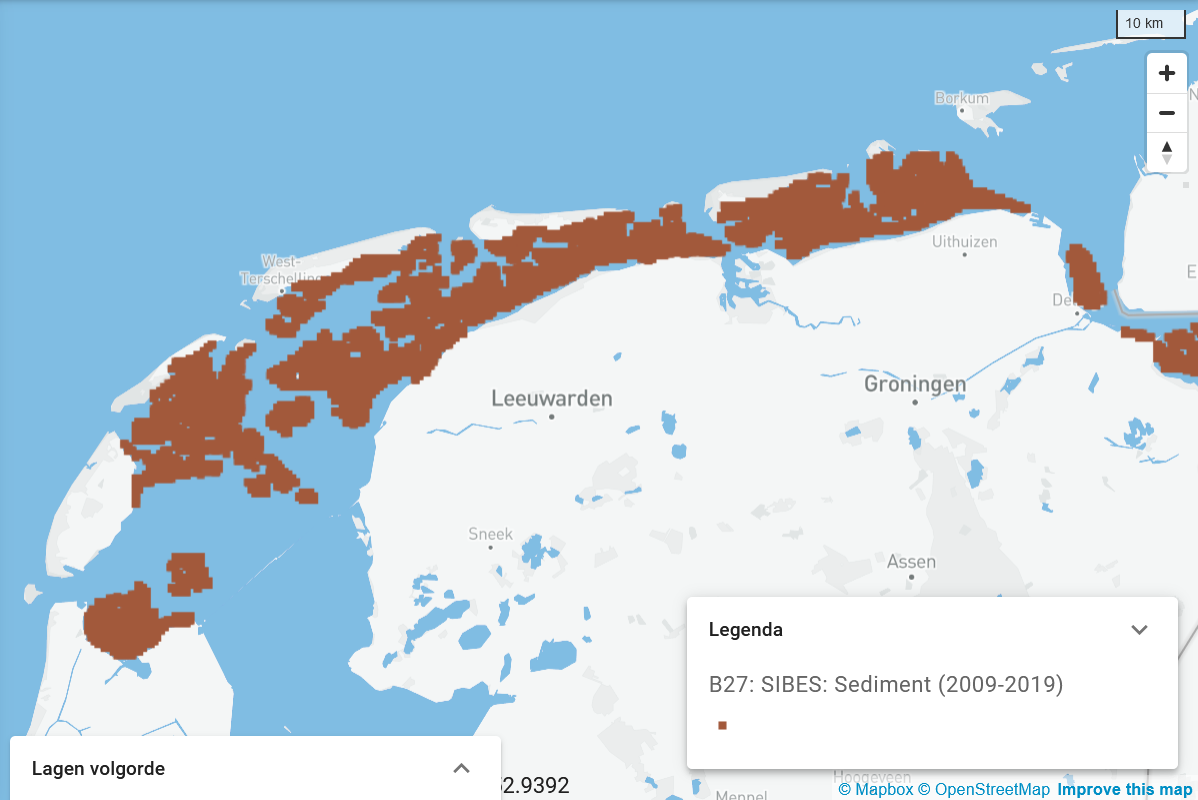Kaart van de locaties van de sediment korrelgrootte en samenstelling van de droogvallende delen van de gehele Nederlandse Waddenzee.