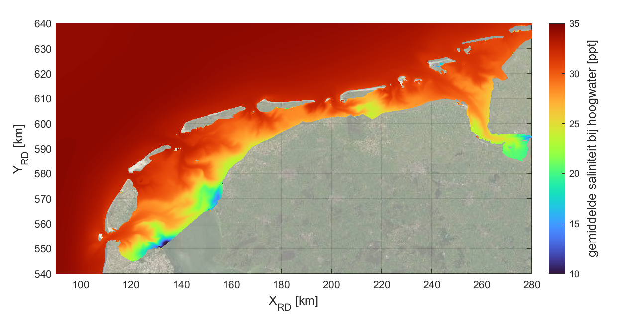 Kaart van de gemiddelde saliniteit bij hoogwater (2019) afkomstig uit modelberekeningen gebruikt voor de Ecotopenkaart.