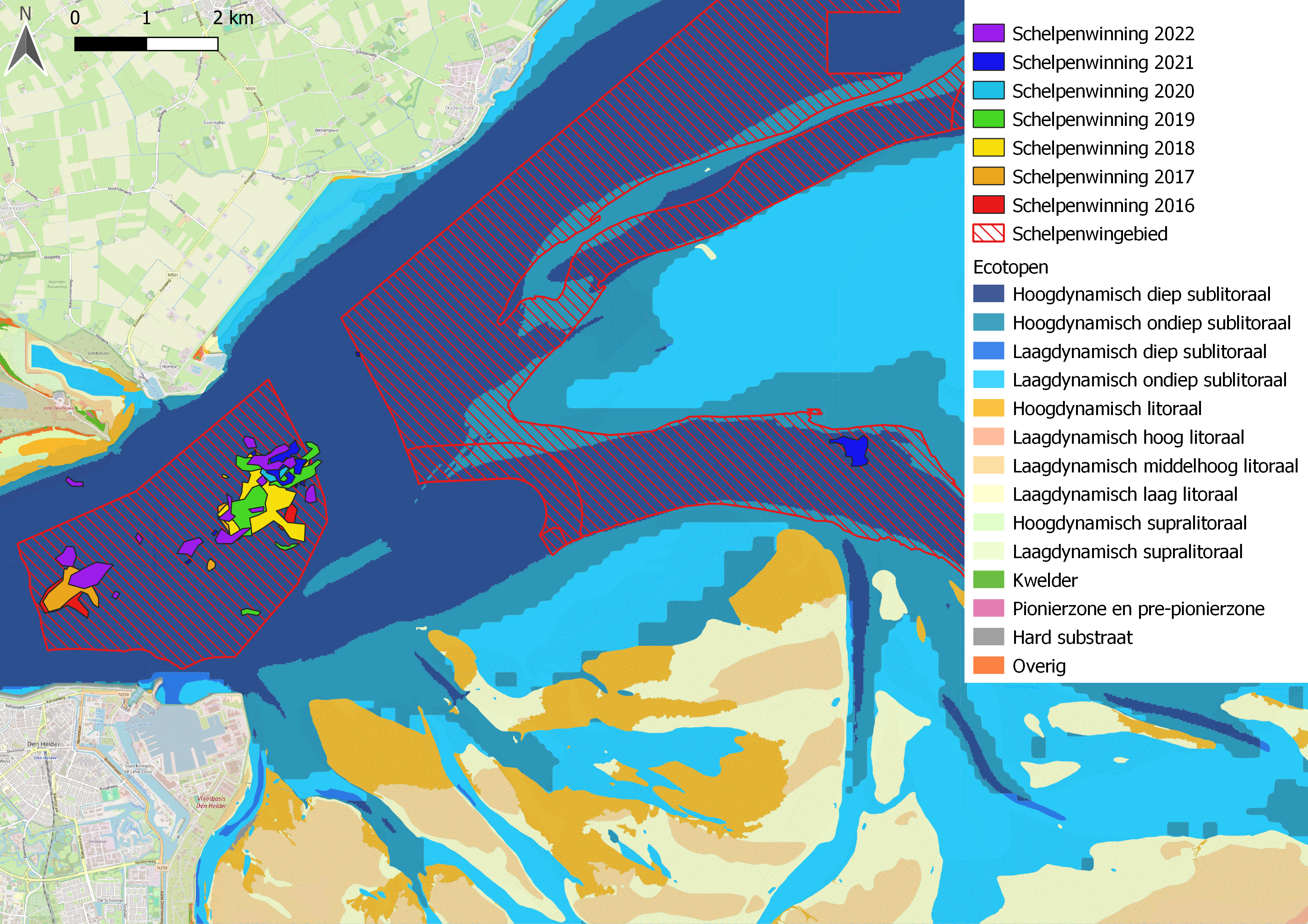 Schelpenwinning tussen 2016-2022 in het Marsdiep op basis van Blackbox data, geprojecteerd op de ecotopenkaart 2017. Bron: Mestdagh, 2024