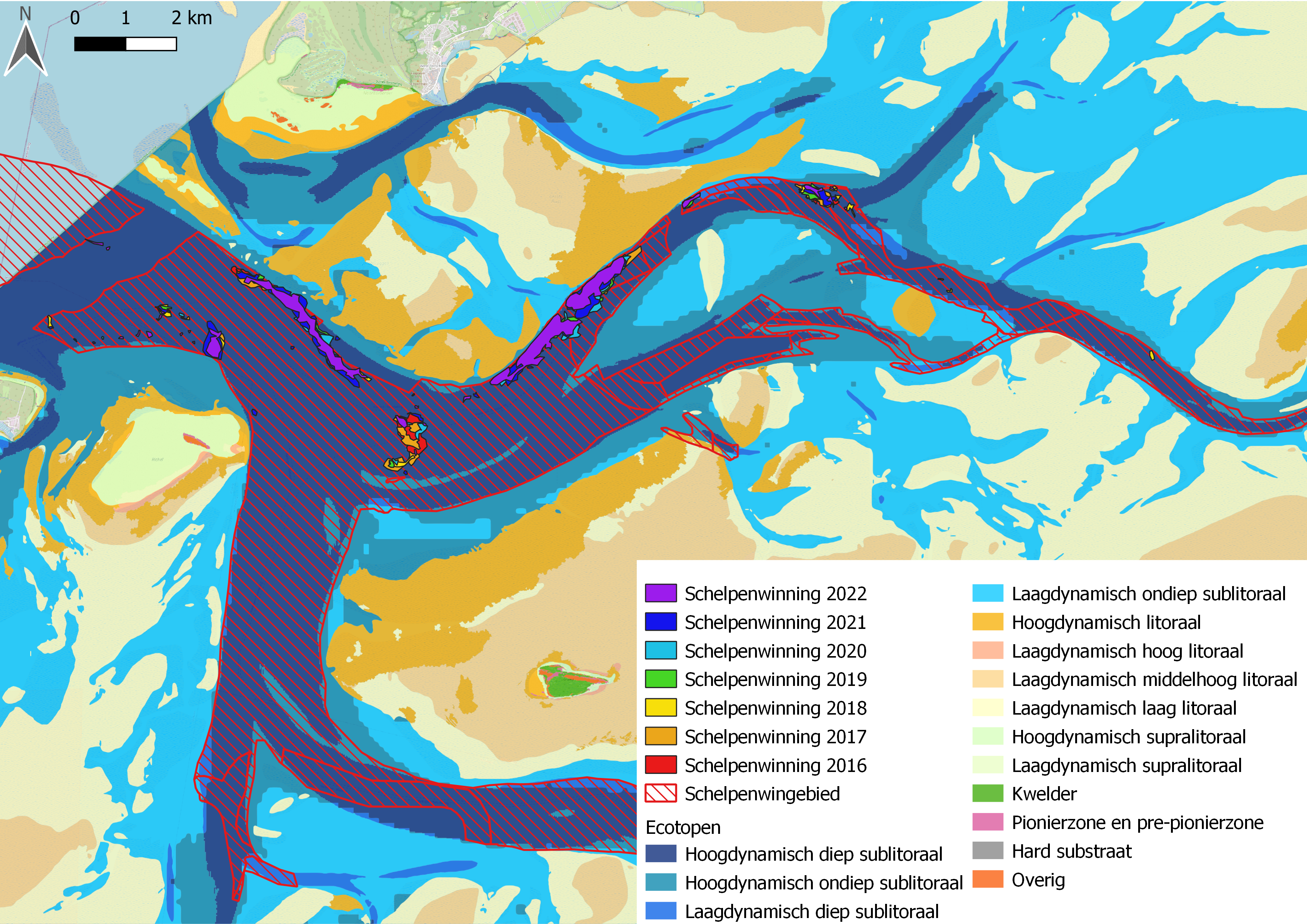 Schelpenwinning tussen 2016-2022 in het Vlie op basis van Blackbox data, geprojecteerd op de ecotopenkaart 2017. Bron: Mestdagh, 2024