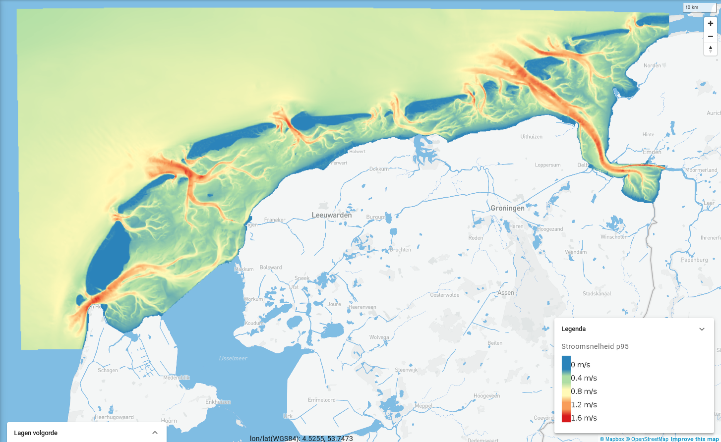 Kaart van de gedurende 95% van de tijd overschreden, dus vrijwel maximale, diepte-gemiddelde stroomsnelheid afkomstig uit modelberekeningen gebruikt voor de Ecotopenkaart.